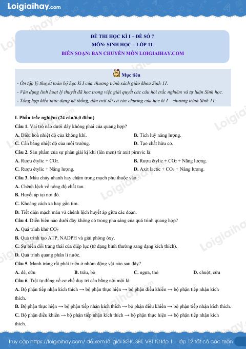 Đề số 7 - Đề kiểm tra học kì 1 - Sinh học 11